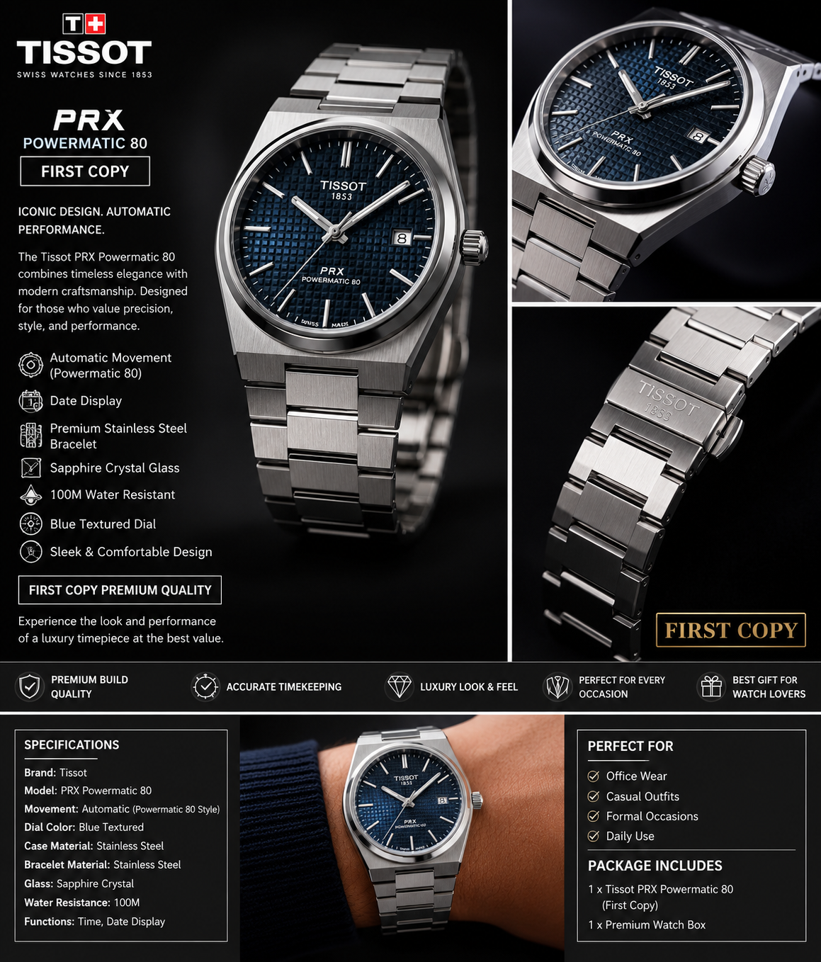 Tissot PRX Blue Dial Premium First Copy Watch – Stainless Steel | Luxury Men’s Watch