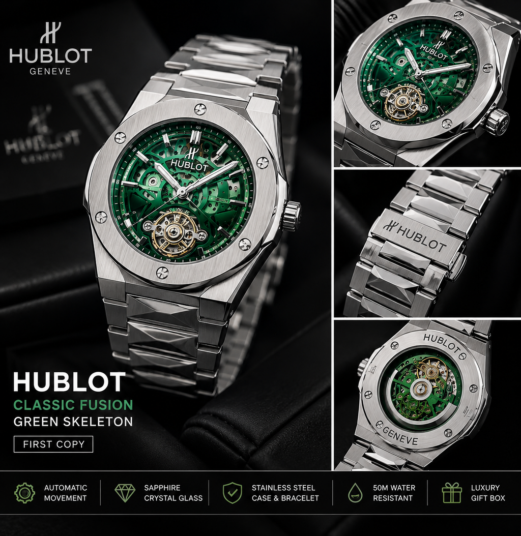 Hublot Classic Fusion Green Skeleton Premium First Copy Watch – Luxury Stainless Steel Men’s Watch