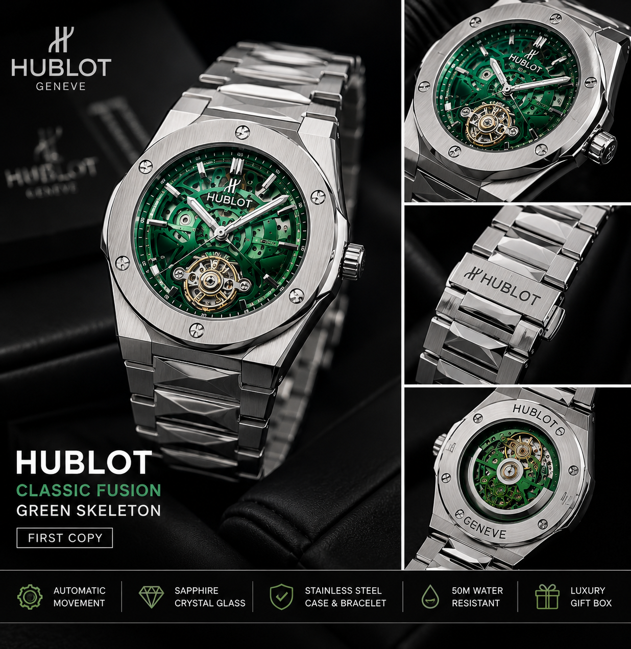 Hublot Classic Fusion Green Skeleton Premium First Copy Watch – Luxury Stainless Steel Men’s Watch