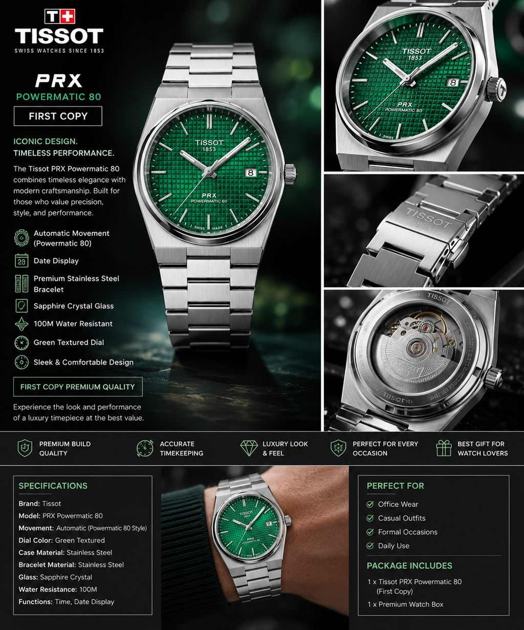 Tissot PRX Green Dial Premium First Copy Watch For Men | Stainless Steel Luxury Timepiece