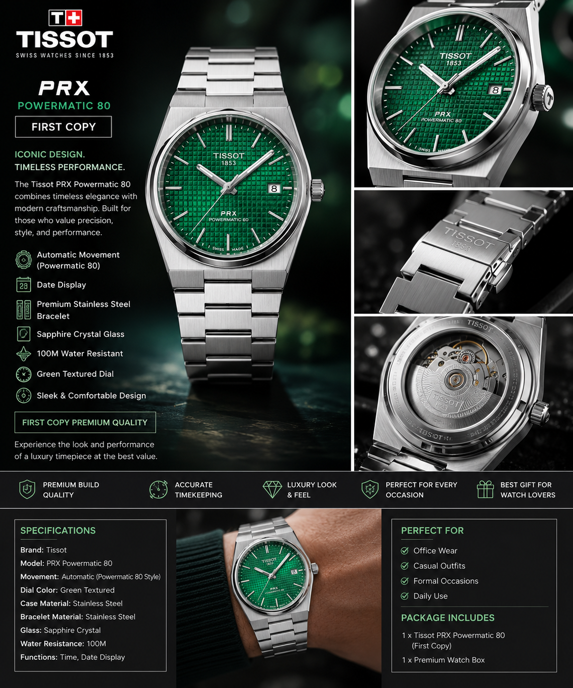 Tissot PRX Green Dial Premium First Copy Watch For Men | Stainless Steel Luxury Timepiece